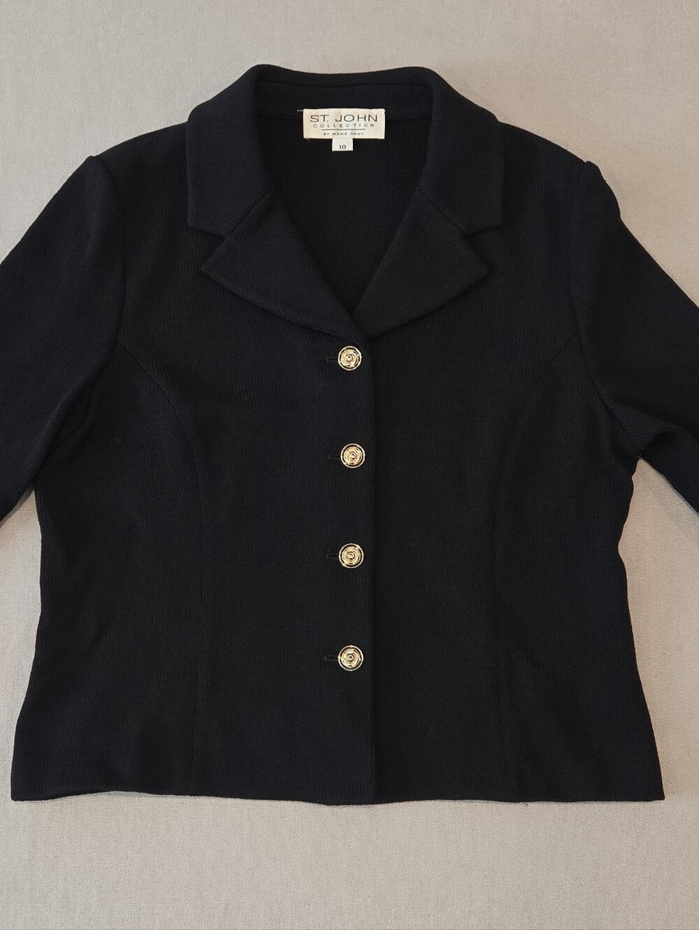 St. John Santana Knit Blazer Jacket Black Gold Button Lace Style Knit Cuff Sz 10